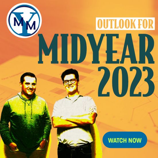 Midyear 2023 Update with Tom and Kevin standing in front of an orange screen covering a stock ticker.