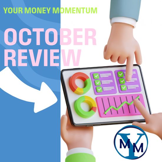 October Review cover image depicts the words October Review and a cartoon looking tablet held by a professional advisor that shows financial graphs and data.