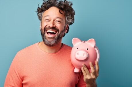 10 Midyear Financial Strategies and Planning Tips cover image with man smiling broadly, and holding a piggybank, signifying responsible financial planning and savings.