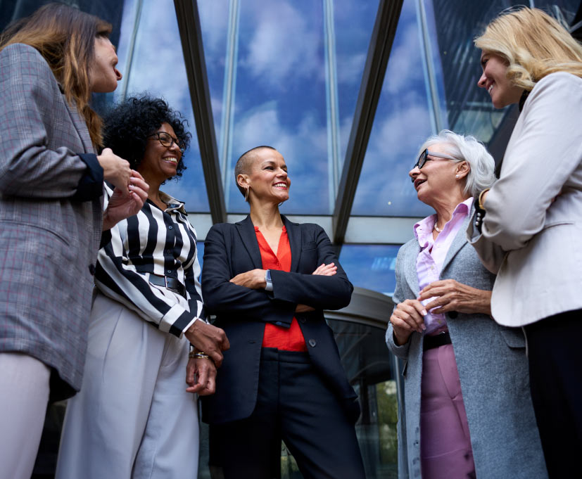 Women Investors concept with team of cheerful business women outside of office building.