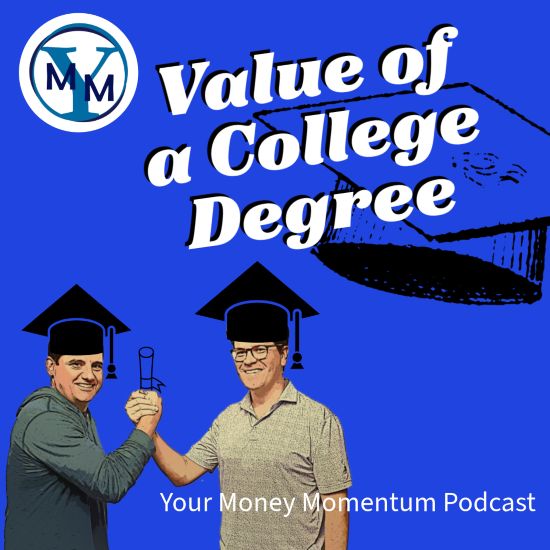 Value of a College Degree depicts Tom and Kevin arm wrestling over a diploma while wearing graduation mortarboards.