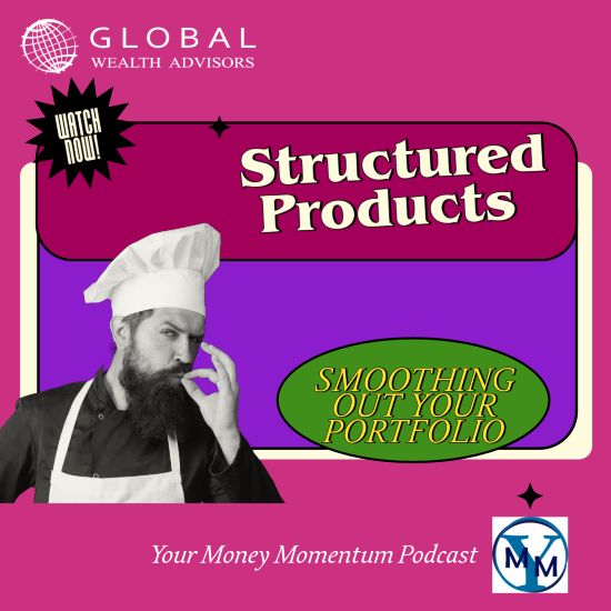 Learn about structured products for smoothing out volatility in a portfolio is depicted by a chef doing a chef's kiss on a pink and purple background with the title text displayed.