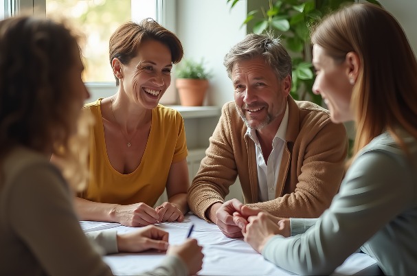 Group of professionals holding a lively discussion about funding your living trust